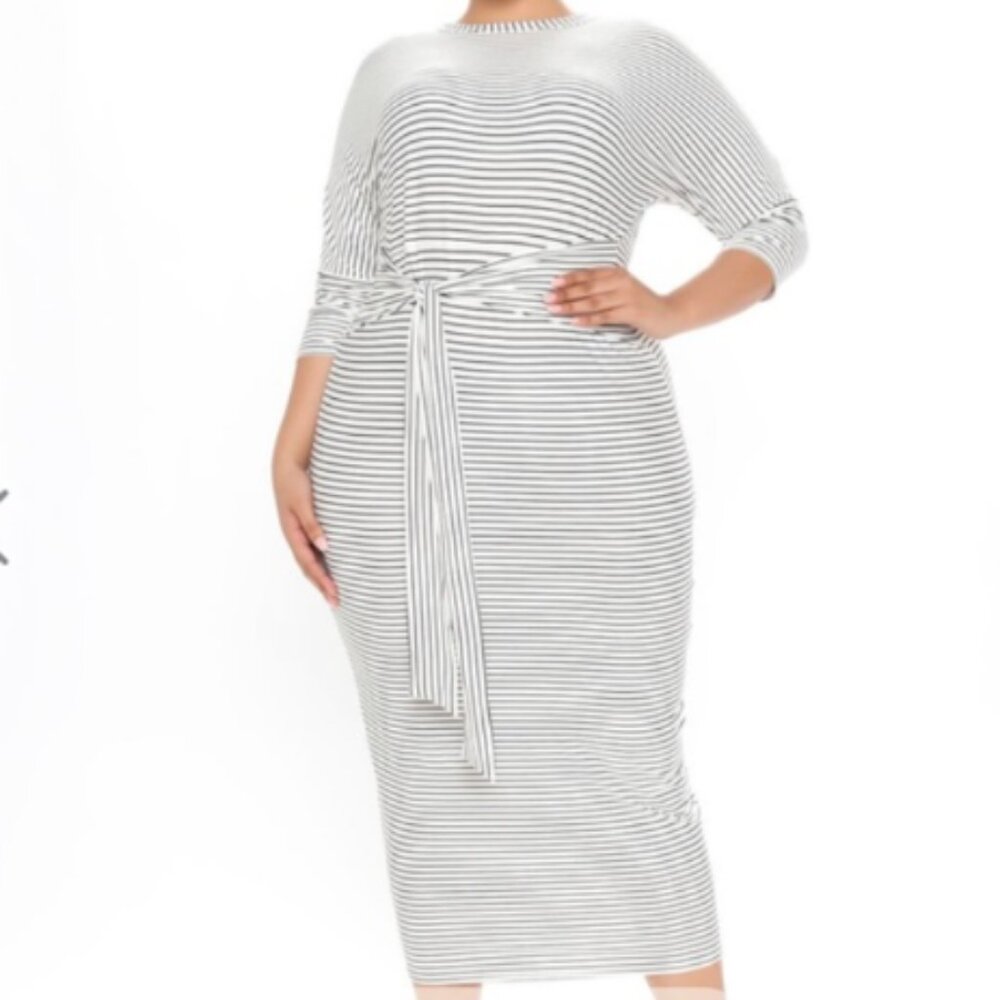 Fashion Nova White Black Striped Bodycon Midi Dress 3/4 Sleeves 1X NWT